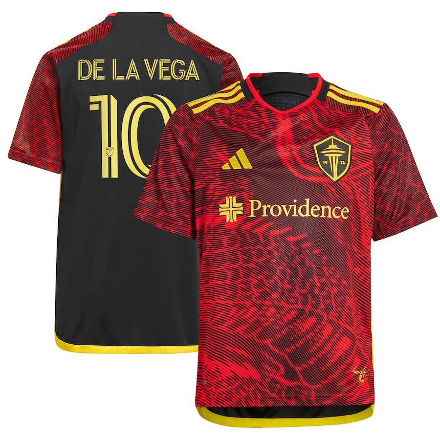 Youth adidas Pedro de la Vega Red Seattle Sounders FC 2024 The Bruce Lee Kit Replica Player Jersey